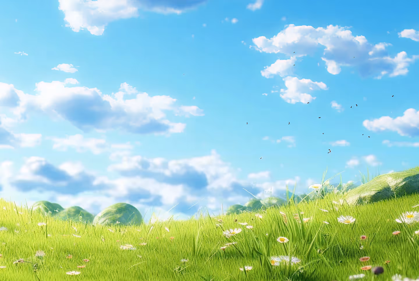 Bright green grassy meadow with white wildflowers under a blue sky with scattered clouds.