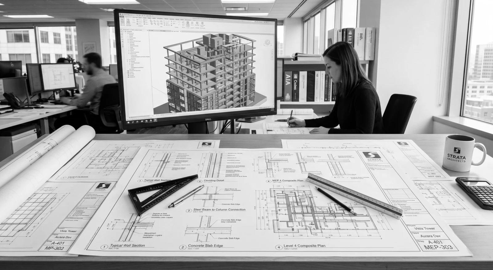 Projektantka pracuje na detailním 3D modelu stavby a projektové dokumentaci v kanceláři