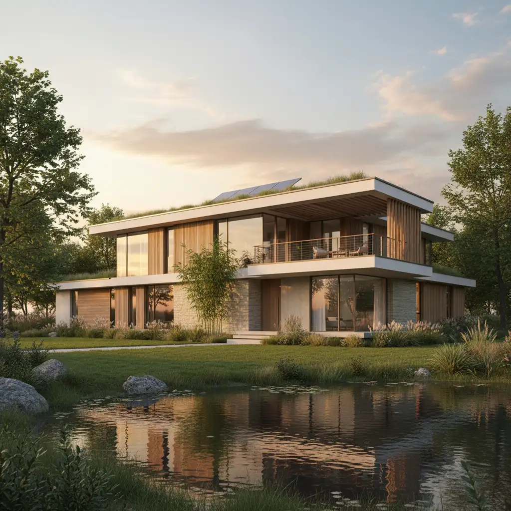 Architektonický návrh moderního rodinného domu s prosklenou fasádou a zelenou střechou u vody