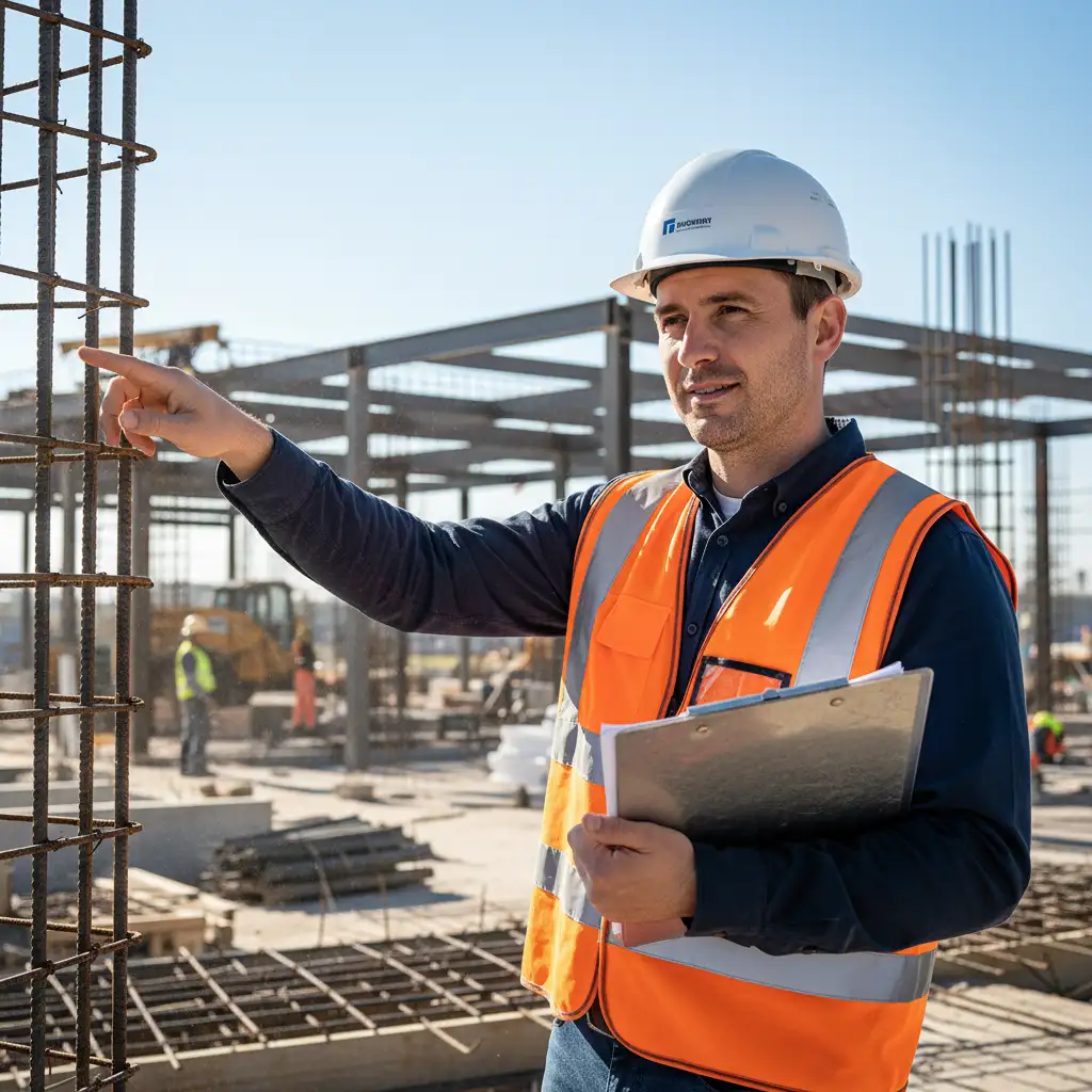 Architektonický dozor na stavbě – muž v bezpečnostní helmě a vestě kontroluje ocelovou výztuž