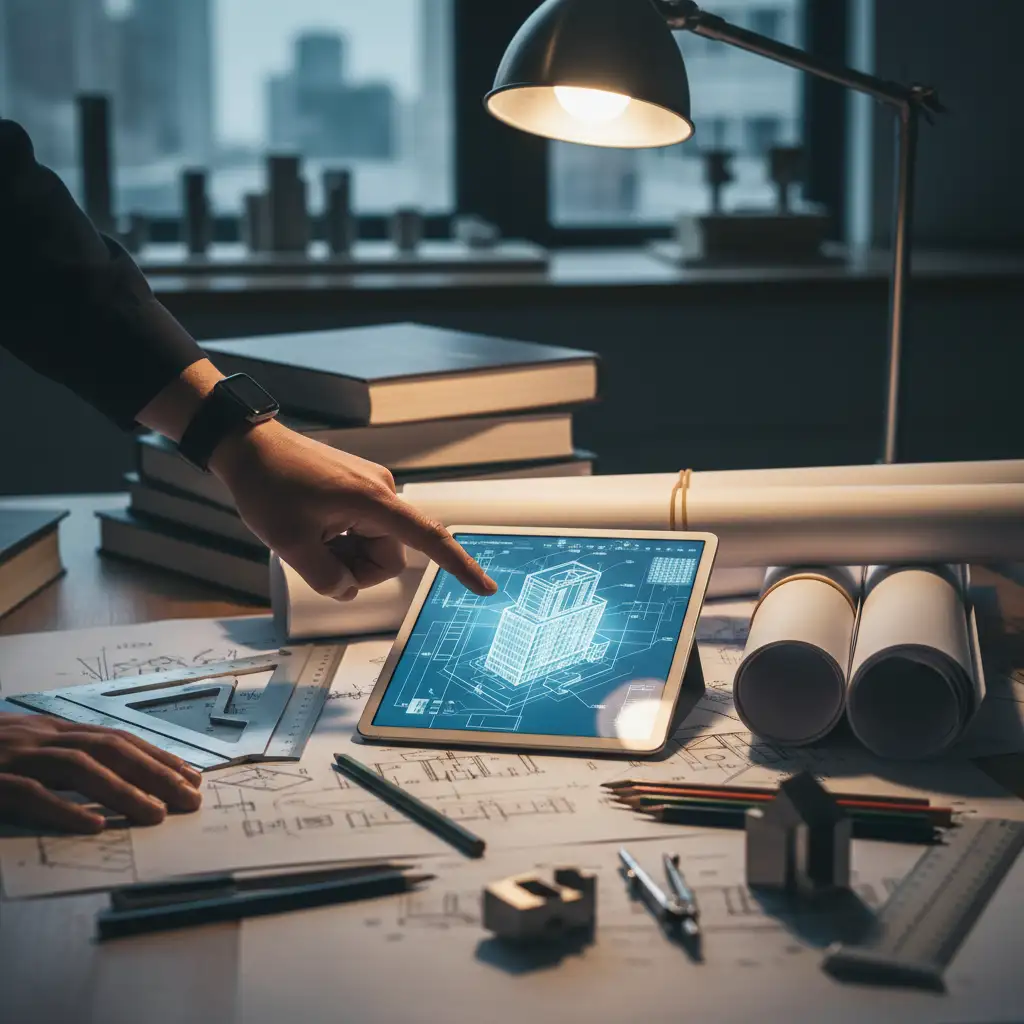 Projektování staveb – architekt ukazuje na detailní 3D model budovy na tabletu