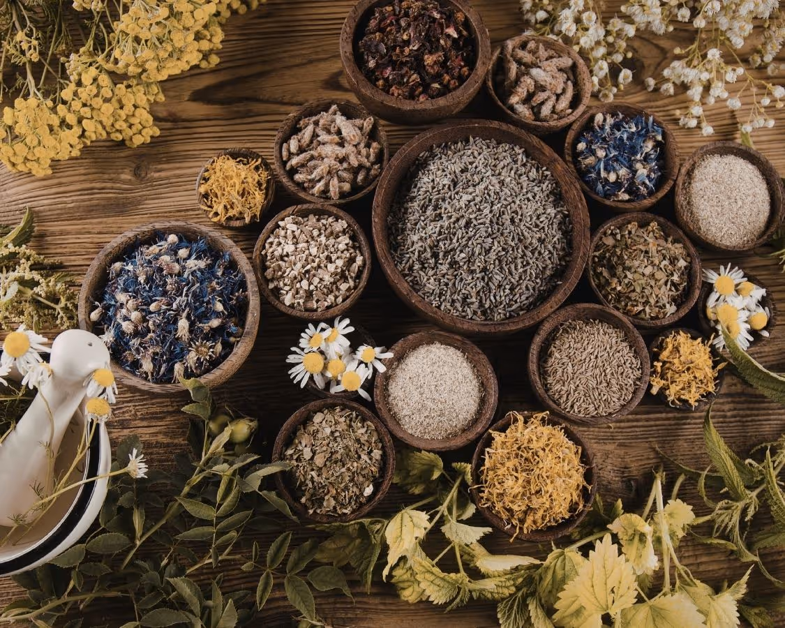 Various dried herbs and flowers in wooden bowls arranged on a wooden surface surrounded by fresh green leaves and yellow and white flowers.