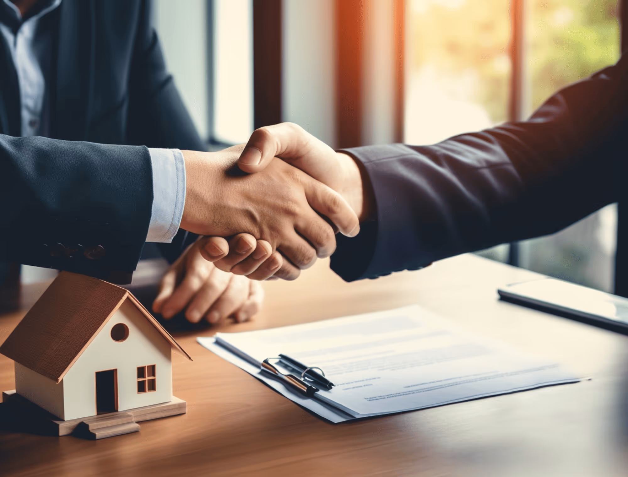 Two businesspeople shaking hands over a desk with a small house model and a signed contract.
