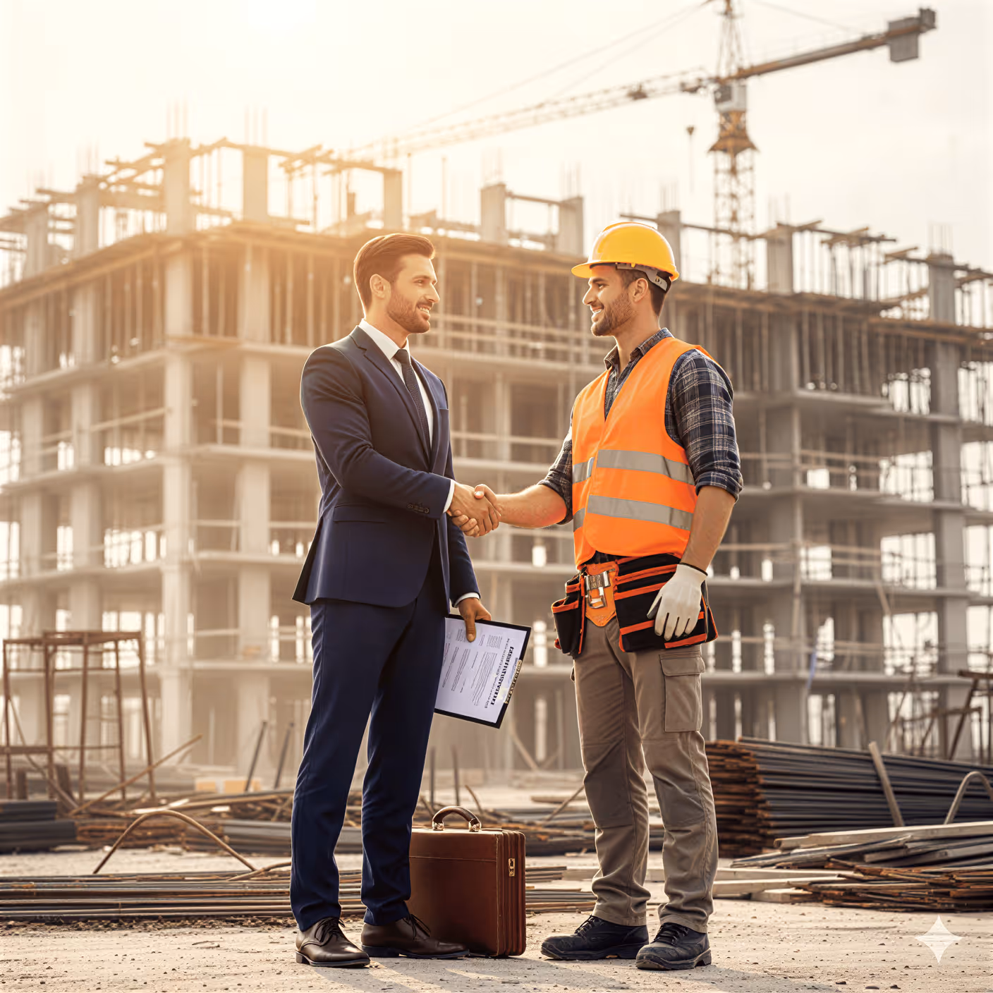 Businessman in suit shaking hands with construction worker wearing a safety vest and helmet at a building site.