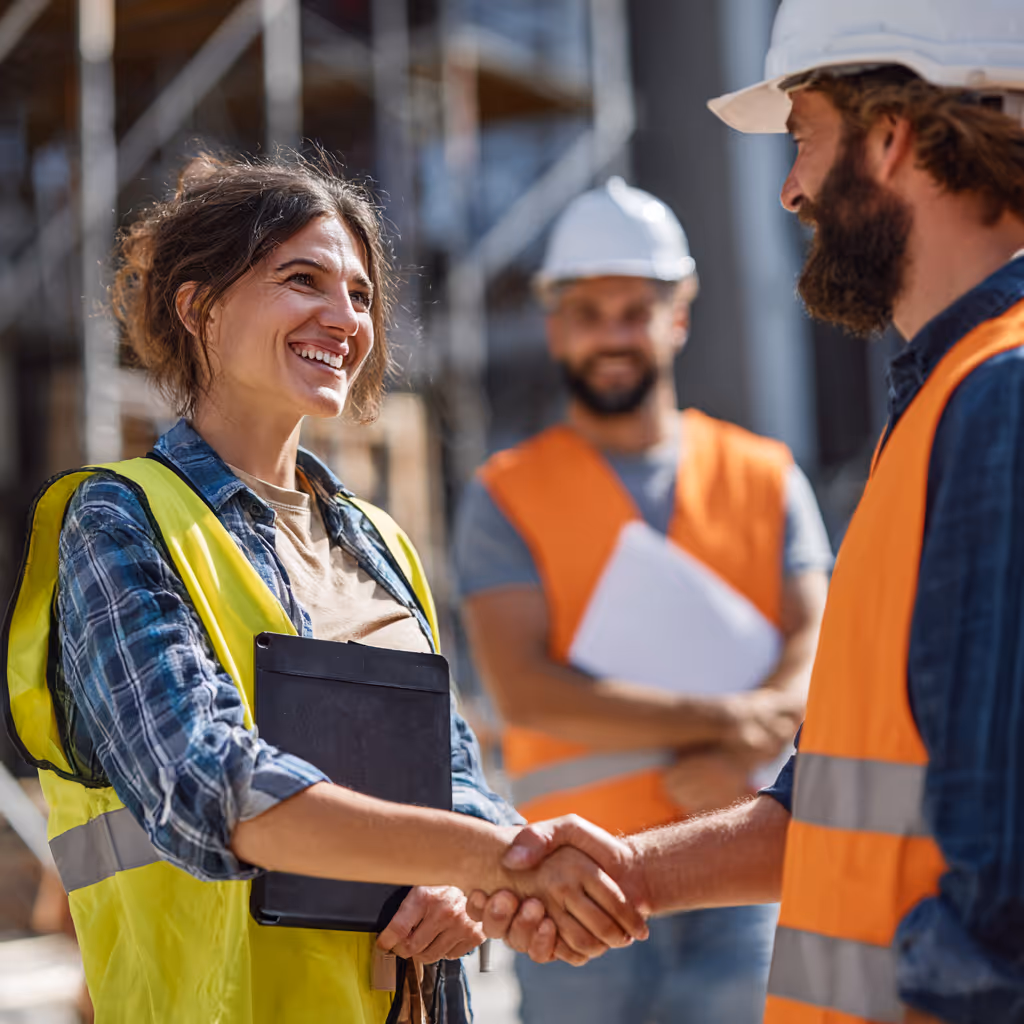 Two construction workers wearing safety vests shaking hands at a construction site, with a third worker in a hard hat smiling in the background.