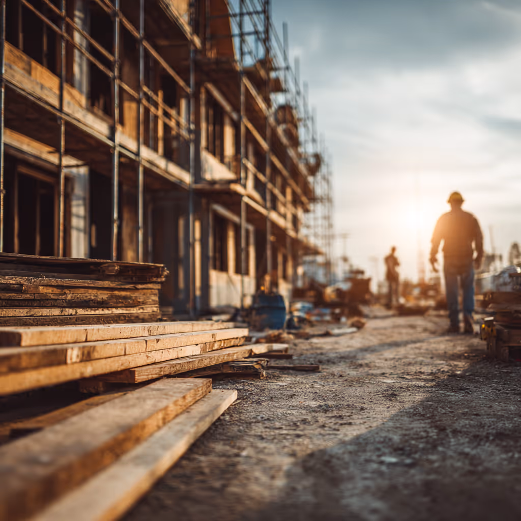 Construction site with stacked wooden planks and workers walking near a partially built structure during sunset.