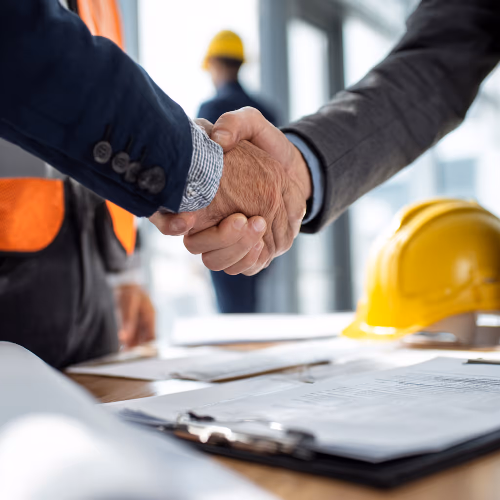 Close-up of a handshake between two men, one in a suit and the other in a construction vest, with a yellow hard hat and documents on a table.