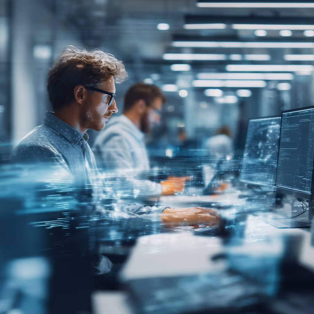 Programmers working at computers in a modern office with digital data overlay effects.