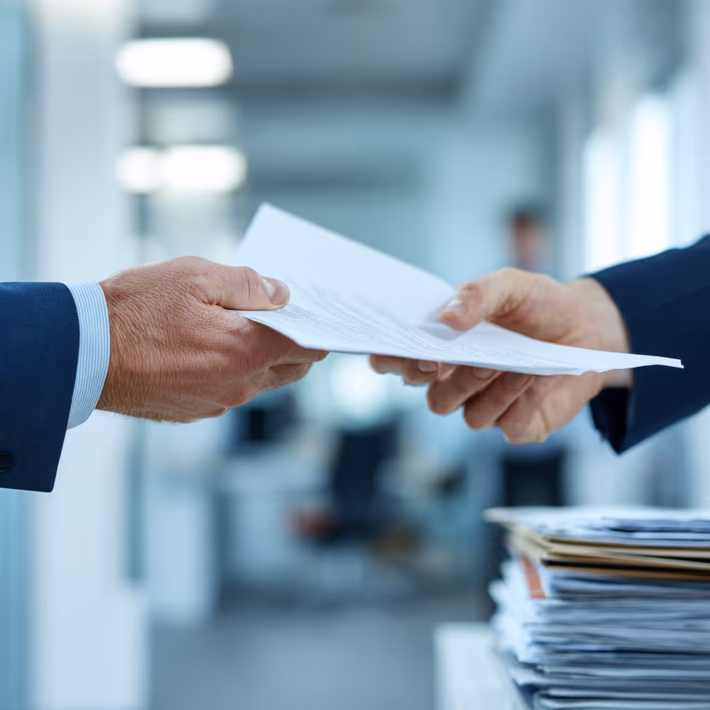 Two people in suits exchanging documents in a blurred office setting.