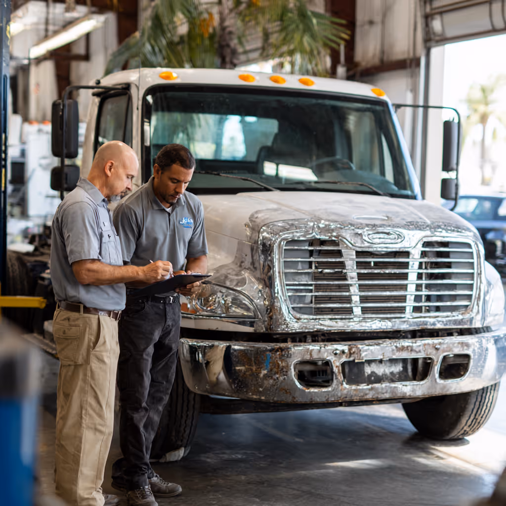 Two mechanics inspecting and discussing damage on the front of a large white truck inside a garage.