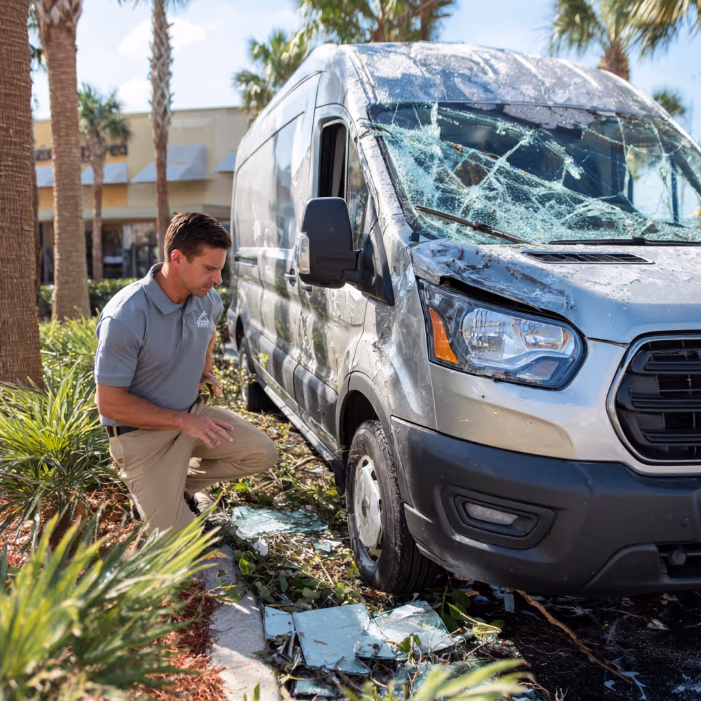 Man inspecting a silver van with extensive damage and shattered windshield on a roadside with broken glass and debris.