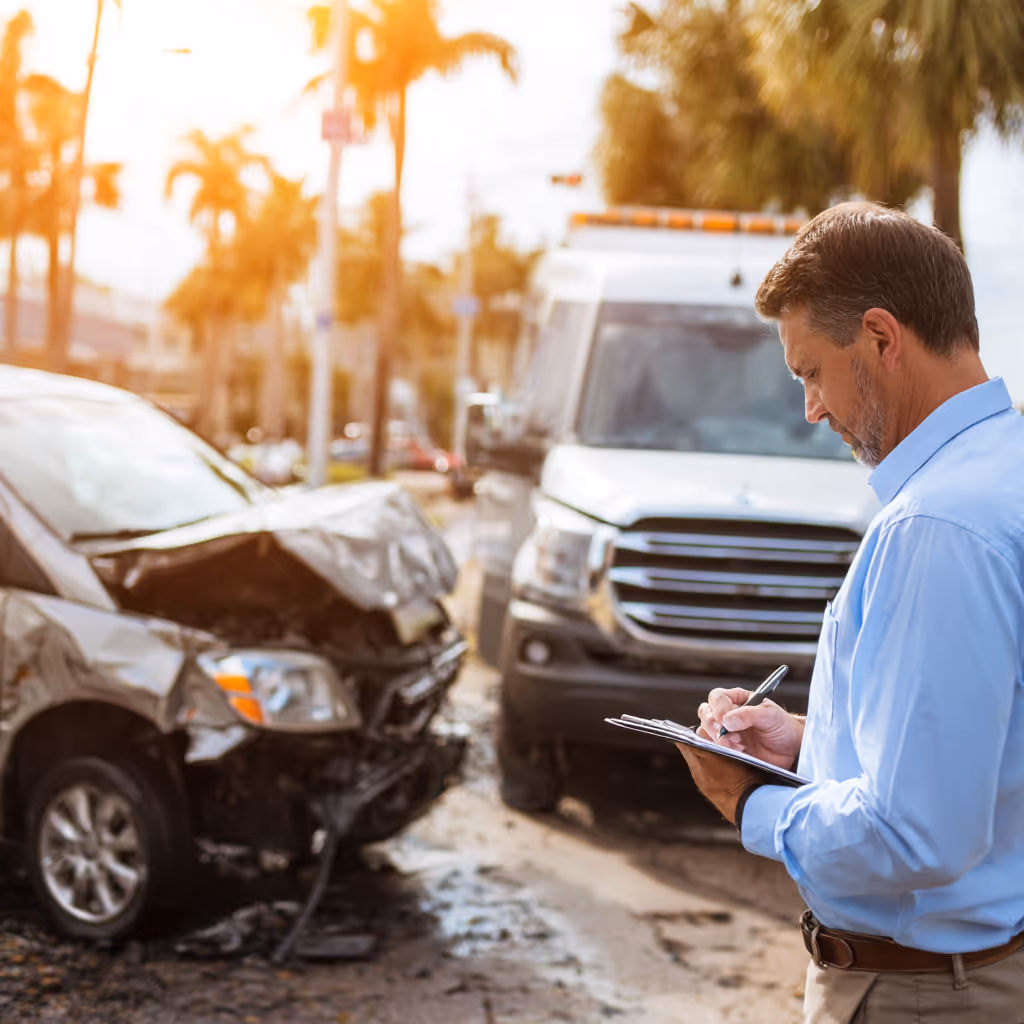 Man in blue shirt inspecting and writing on clipboard at a car accident scene with a damaged vehicle and a tow truck.