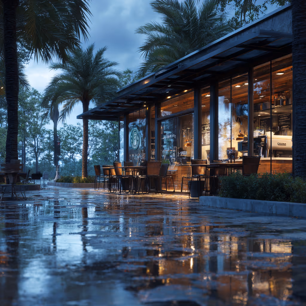 Wet outdoor patio with empty tables and chairs beside a glass-walled café at dusk.
