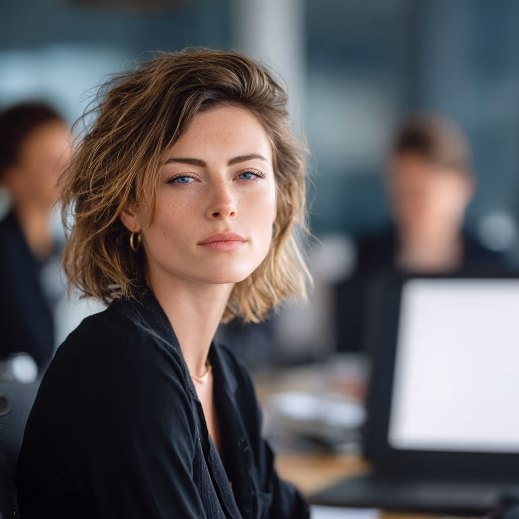 Confident young woman with short wavy hair and blue eyes wearing a black shirt in an office setting.