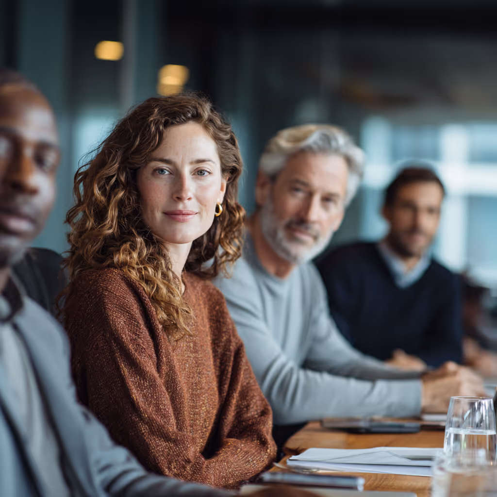 Diverse group of professionals sitting at a conference table in a modern office, with a woman in a brown sweater looking directly at the camera.