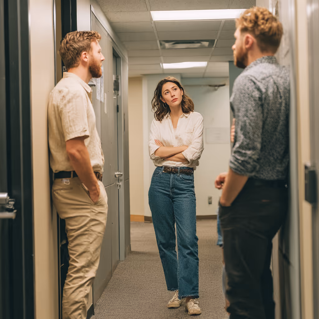 Woman standing in a hallway with arms crossed, looking at two men facing each other on either side of the hallway.