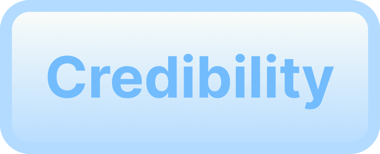 Rounded rectangle button with gradient blue background and the word 'Credibility' in bold blue text.