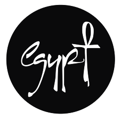Black circular logo with the word 'Egypt' written in stylized calligraphy, incorporating an ankh symbol as part of the letter 't'.