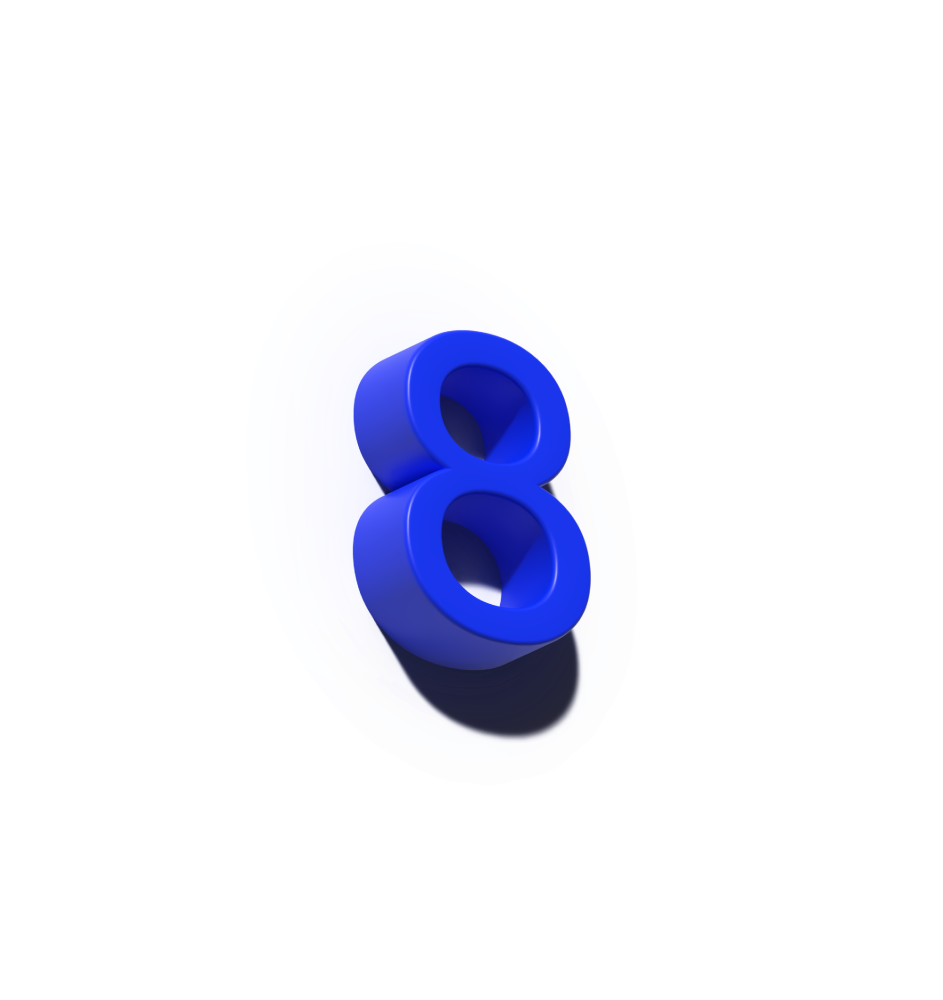 3D blue number eight casting a shadow on a black background with a glowing blue oval behind it.