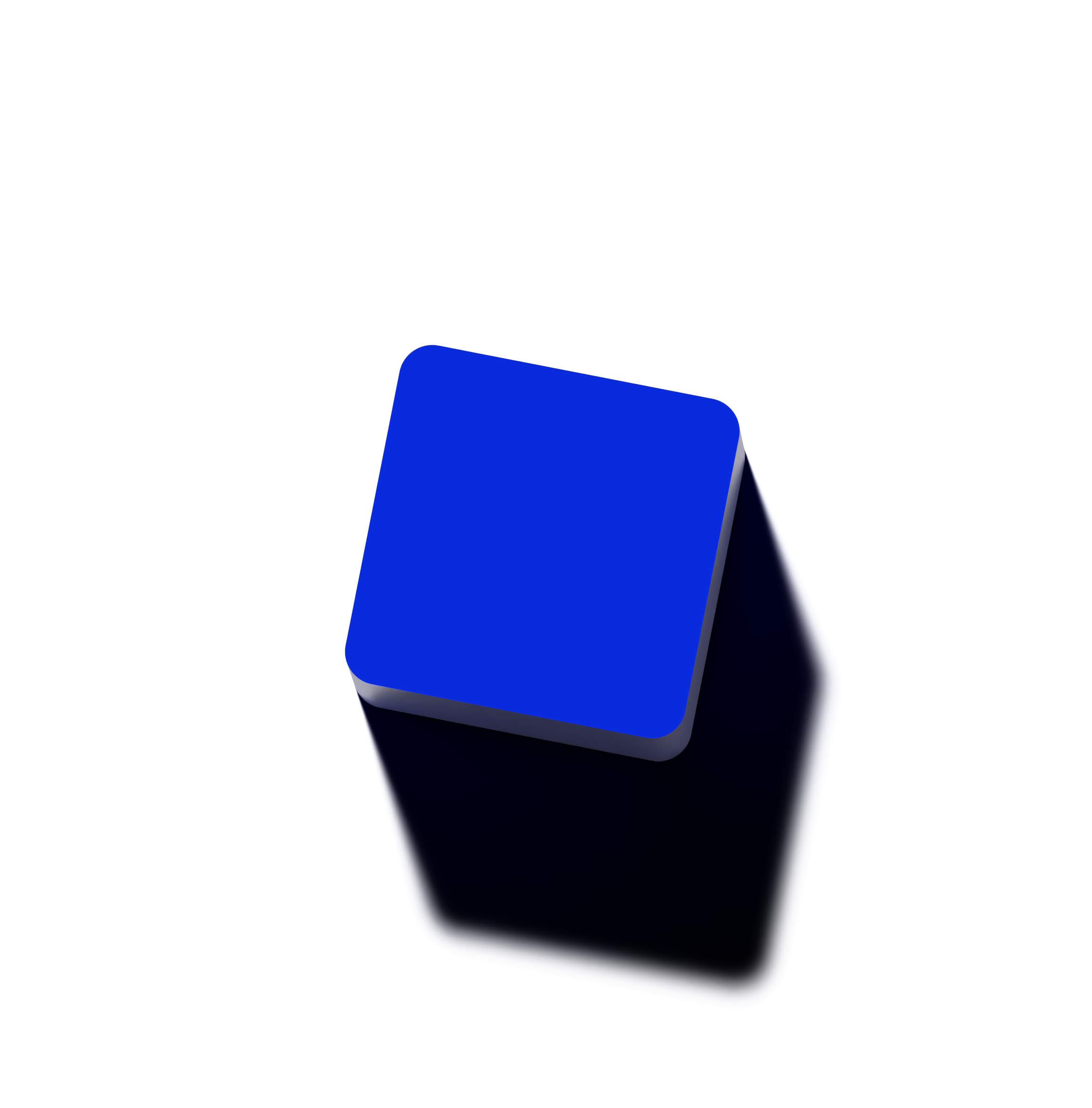 3D blue cube with rounded edges casting a dark shadow on black background.