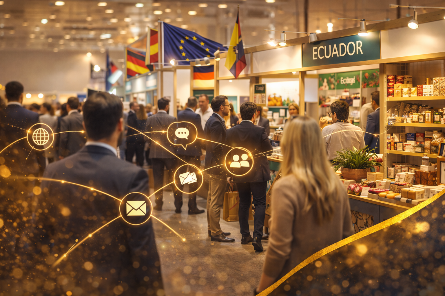 People walking and interacting at an international trade fair booth for Ecuador, with digital communication icons overlaid.