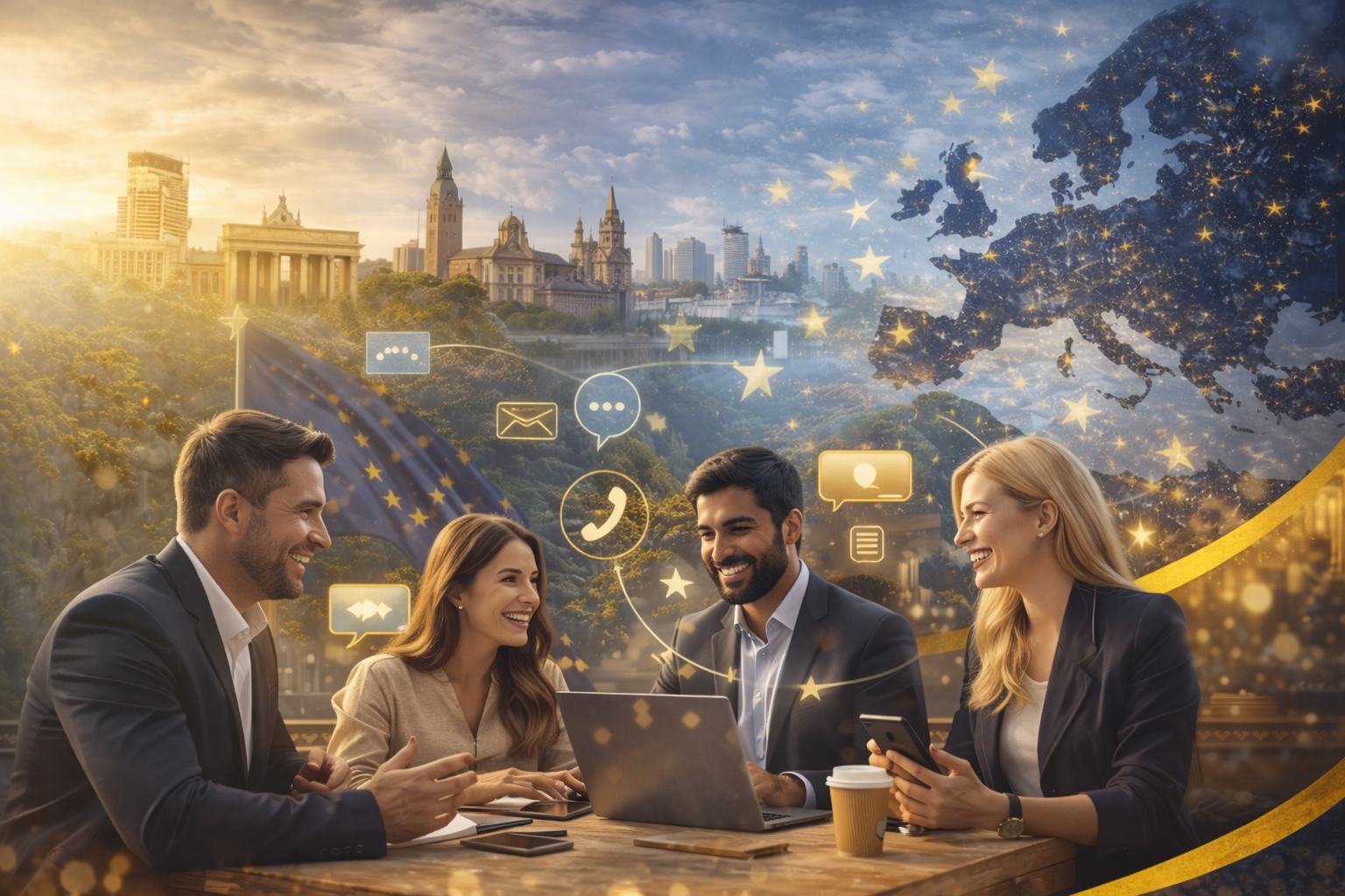 Four diverse professionals in business attire smiling and collaborating at a table with a laptop, smartphones, and coffee, set against a background of European landmarks, a European Union flag, and a glowing map of Europe with communication icons.