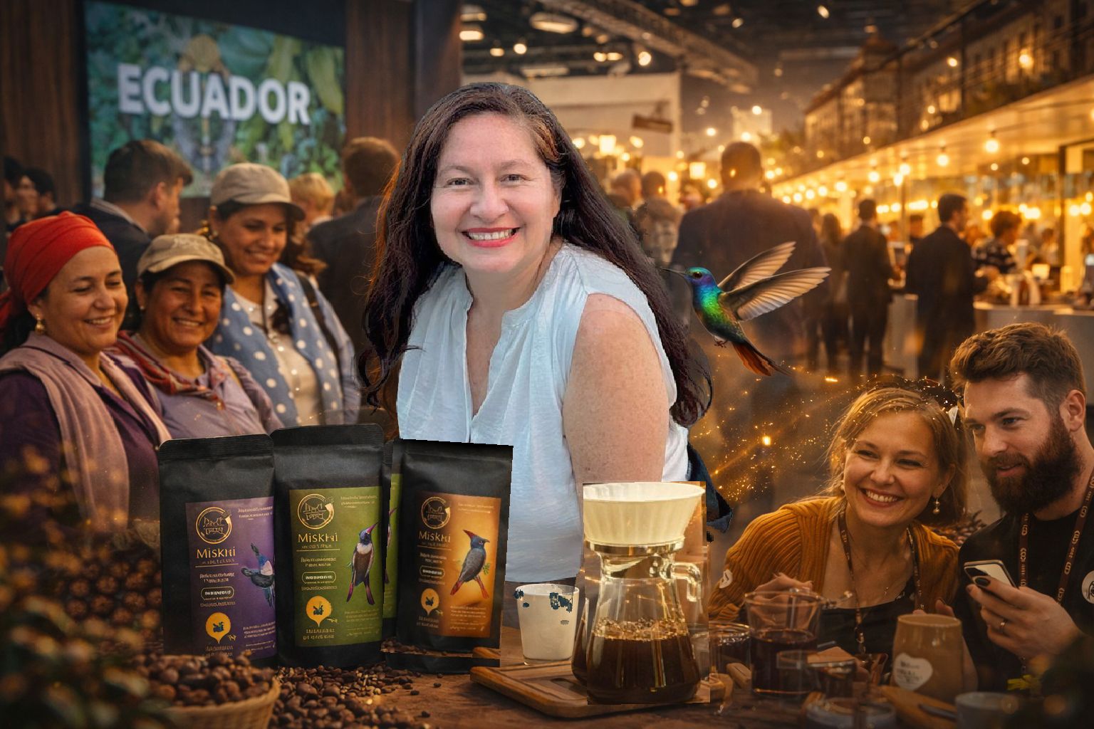 Smiling woman presenting Miskii coffee bags with coffee beans, a brewing setup, a hummingbird, and people enjoying coffee at a market with Ecuador sign.