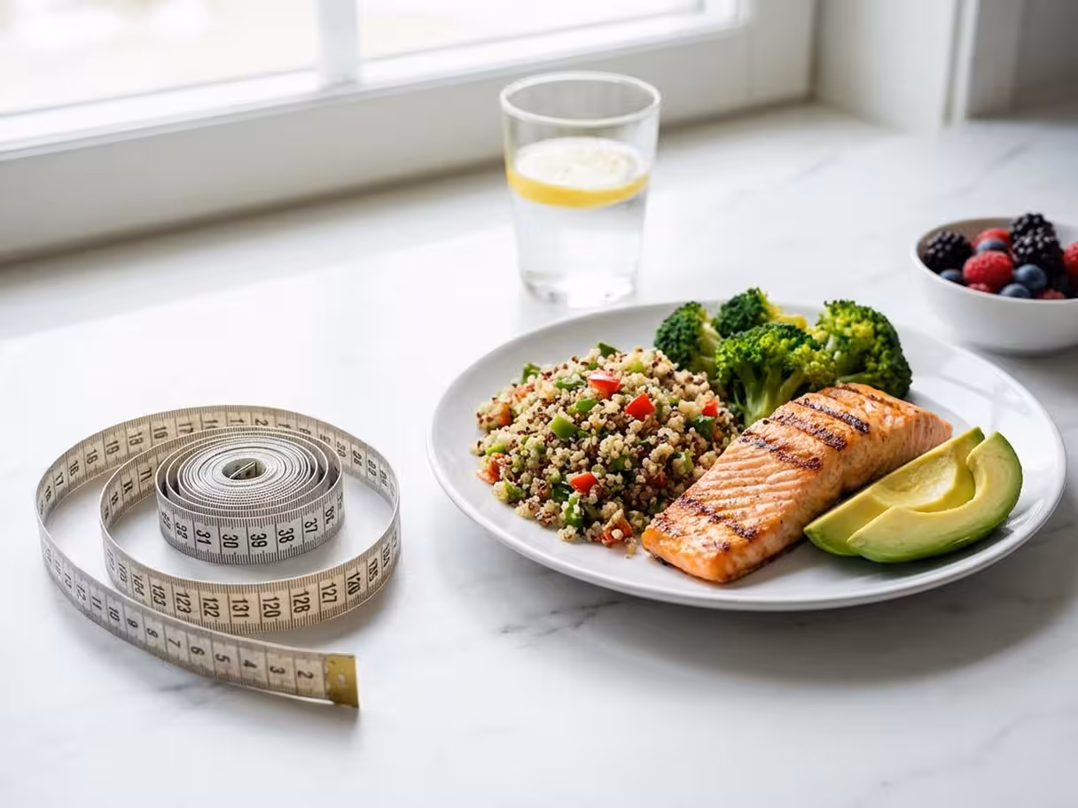 A measuring tape resting beside a nutritious meal on a clean white surface representing healthy weight loss