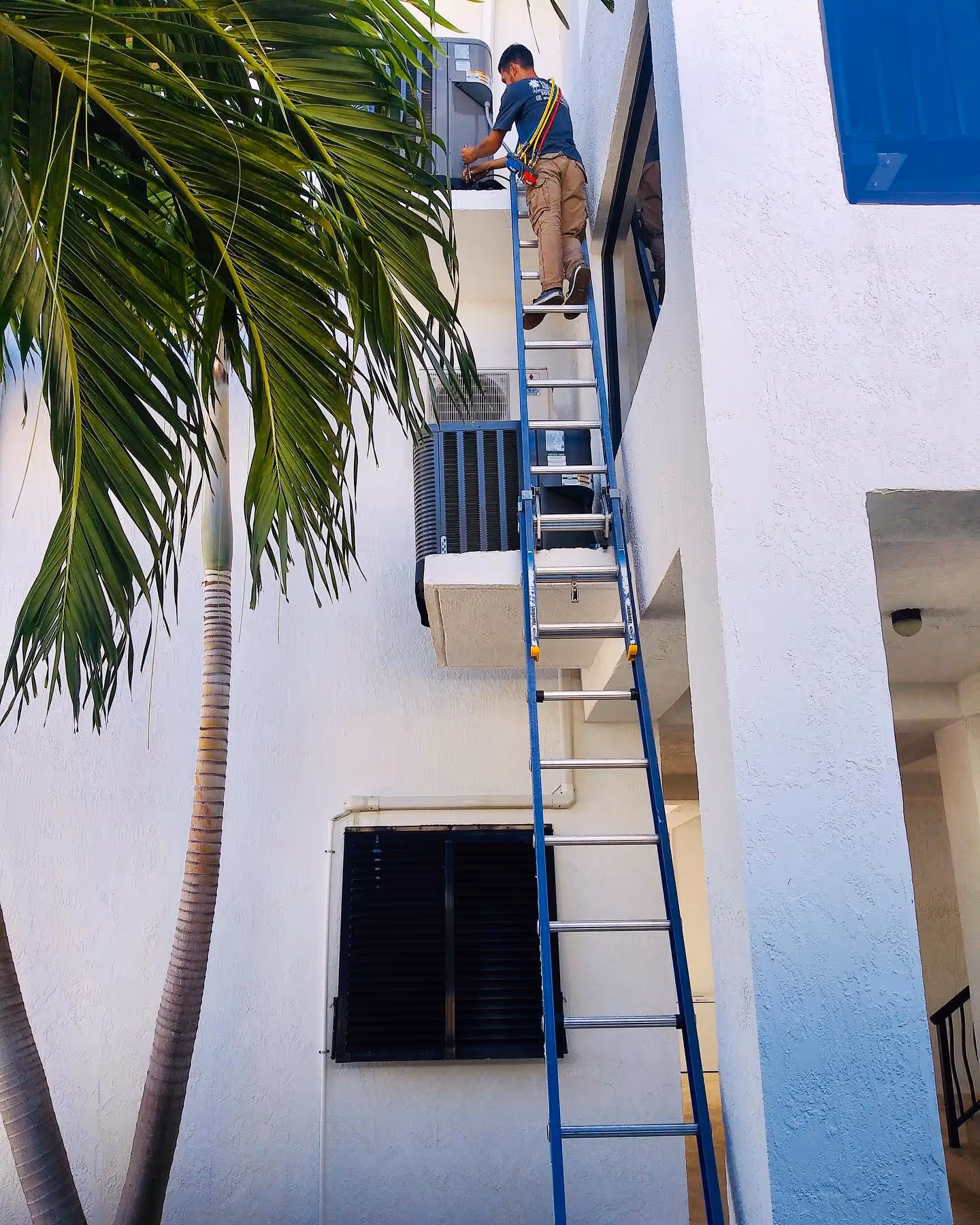 Technician on a ladder servicing an outdoor Keys air conditioning unit on a white building near a palm tree.