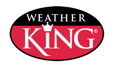 Weather King logo with a crown on the letter I inside a red and black oval.
