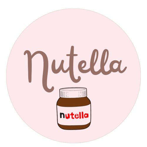 Illustration of the word 'Nutella' above a small jar of Nutella hazelnut spread on a light pink circular background.