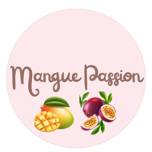 Round logo with pink background featuring the text 'Mangue Passion' and illustrations of a mango and passion fruit.