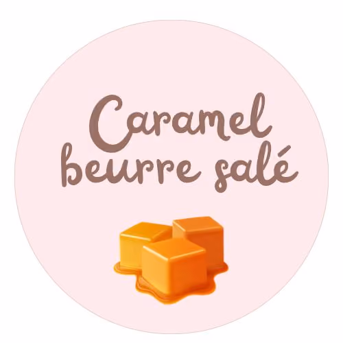 Three cubes of melting salted butter caramel with the text 'Caramel beurre salé' above on a light pink circular background.