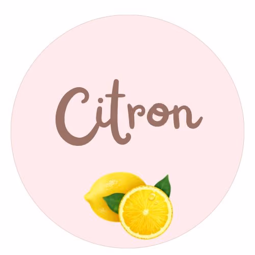 Round pink background with the word 'Citron' in brown cursive text above a whole lemon and a lemon half with green leaves.