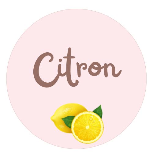 Round pink background with the word 'Citron' in brown cursive text above a whole lemon and a lemon half with green leaves.