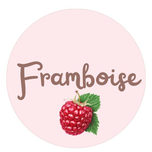 Illustration of a raspberry with green leaves and the word 'Framboise' in brown cursive on a light pink circular background.