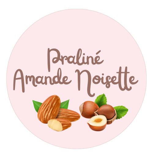 Round label with the text 'Praliné Amande Noisette' and illustrations of almonds and hazelnuts with green leaves on a light pink background.