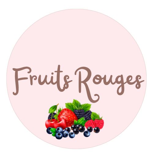 Logo with the text 'Fruits Rouges' above an illustration of assorted red berries including strawberries, raspberries, blueberries, blackberries, and cherries on a light pink circular background.