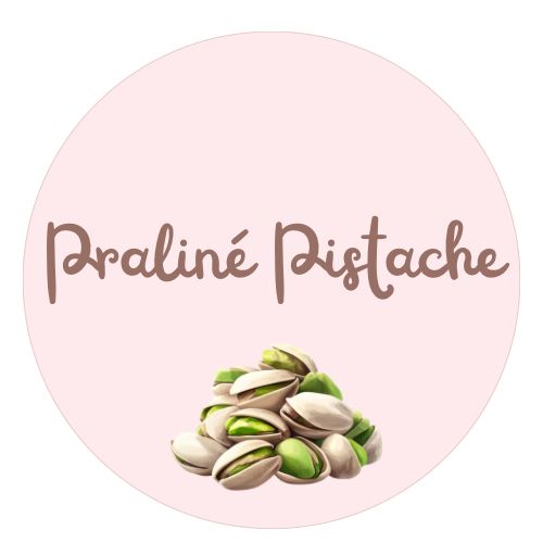 Pink circle with the text 'Praliné Pistache' above a cluster of pistachio nuts.