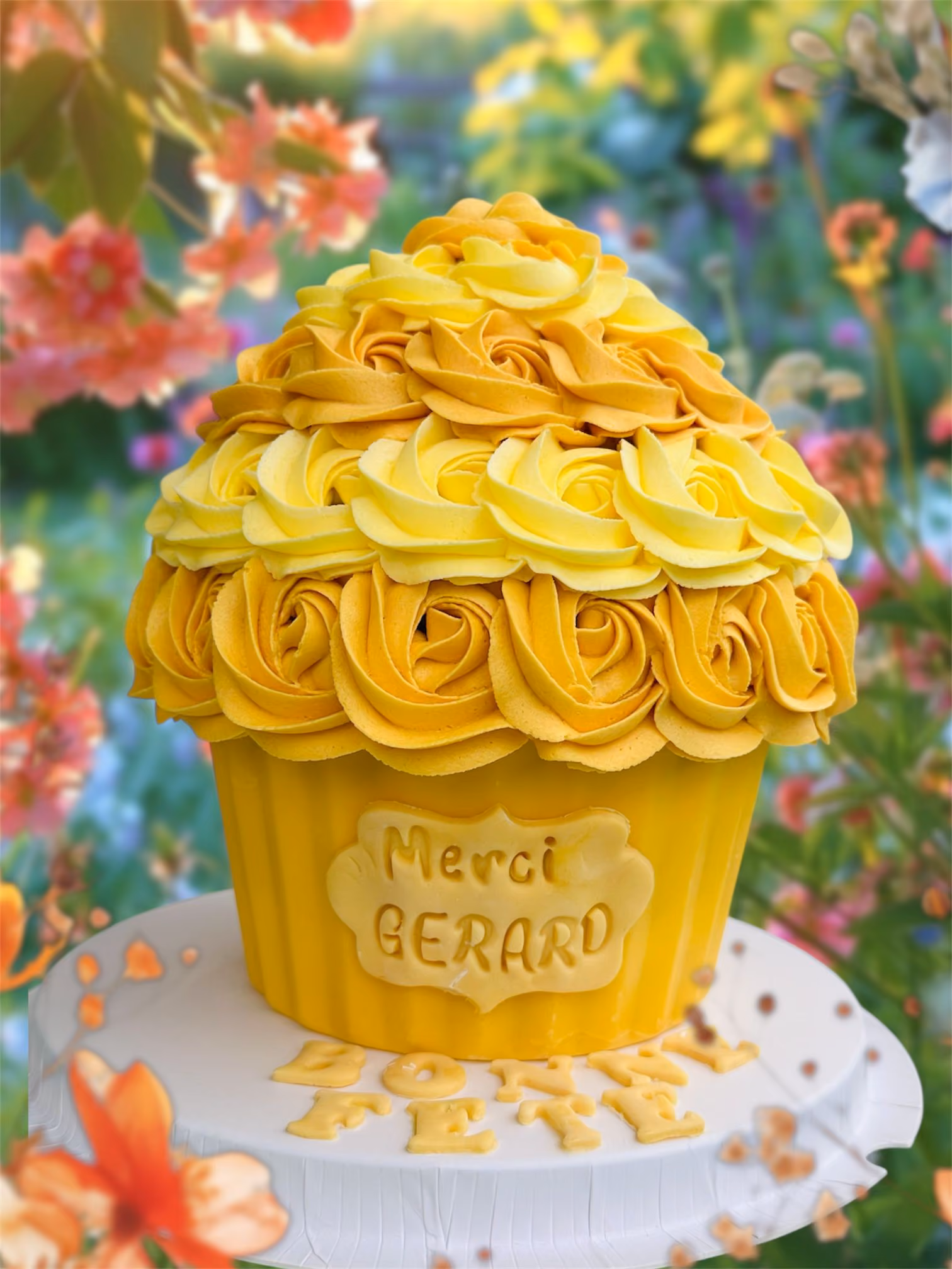 Yellow cupcake-shaped cake with rose-shaped frosting and a plaque that reads 'Merci GERARD' on a white stand with 'BONNE FETE' letters.
