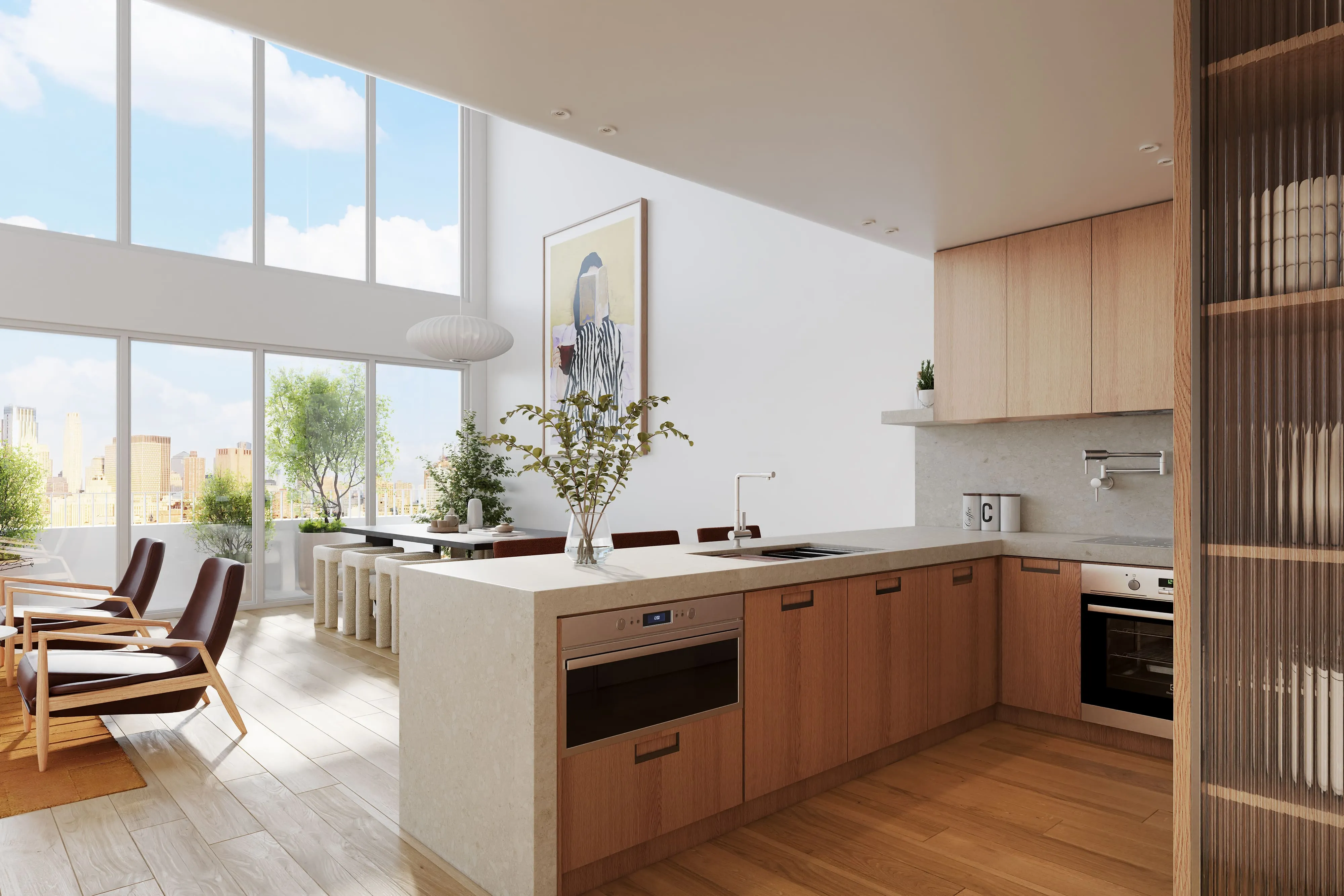 Bright modern open-plan living room featuring floor-to-ceiling windows with a city view, a minimalist white sofa, and a large contemporary portrait painting on the wall