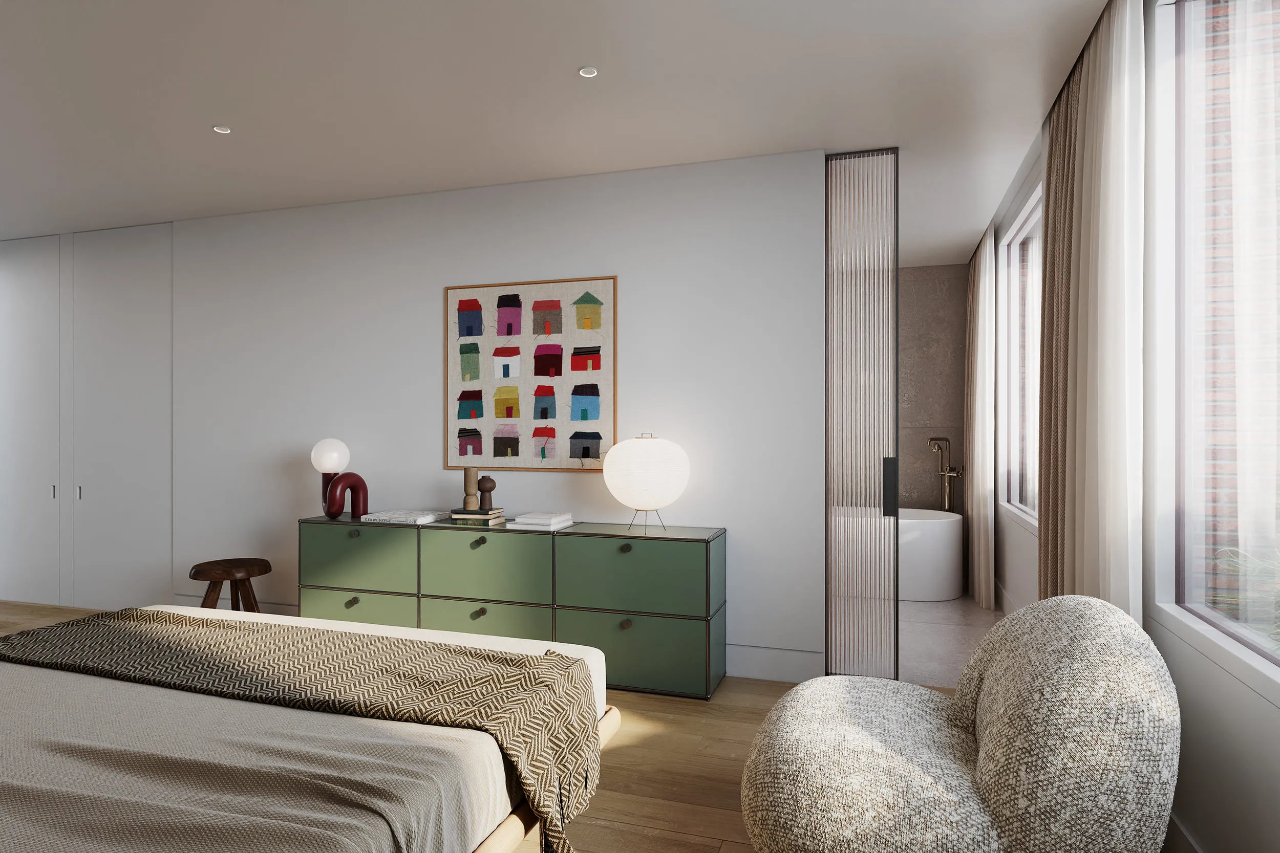 Modern bedroom interior featuring a green modular dresser, a globe table lamp, and colorful abstract wall art depicting small houses above the bed.