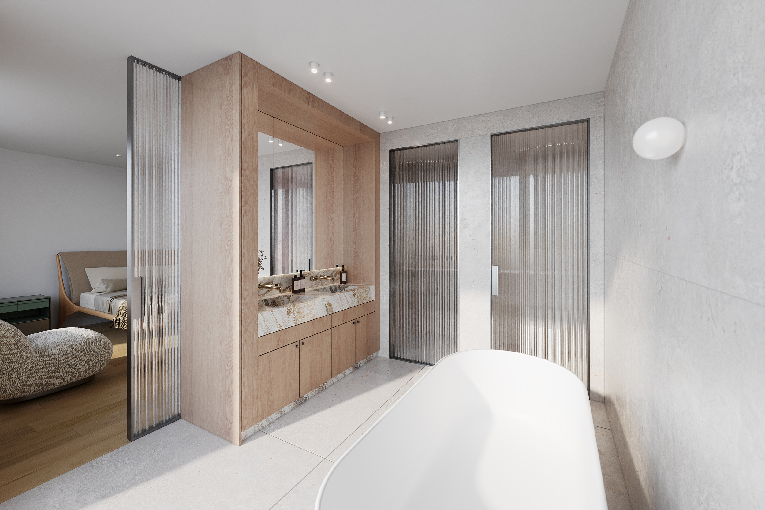 Luxury bathroom with a double marble vanity, light wood cabinets, and elegant fluted glass sliding doors