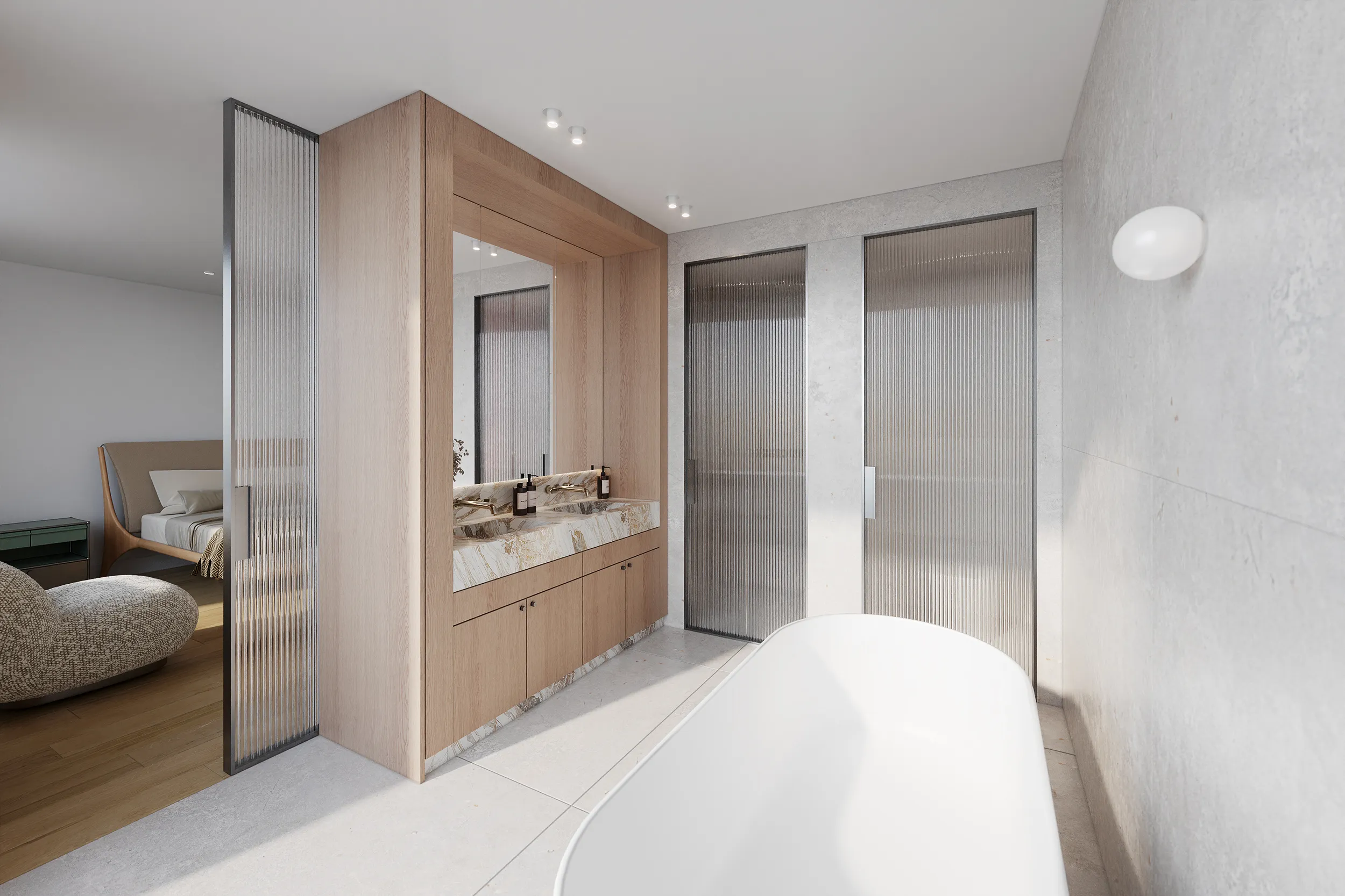 Luxury bathroom with a double marble vanity, light wood cabinets, and elegant fluted glass sliding doors