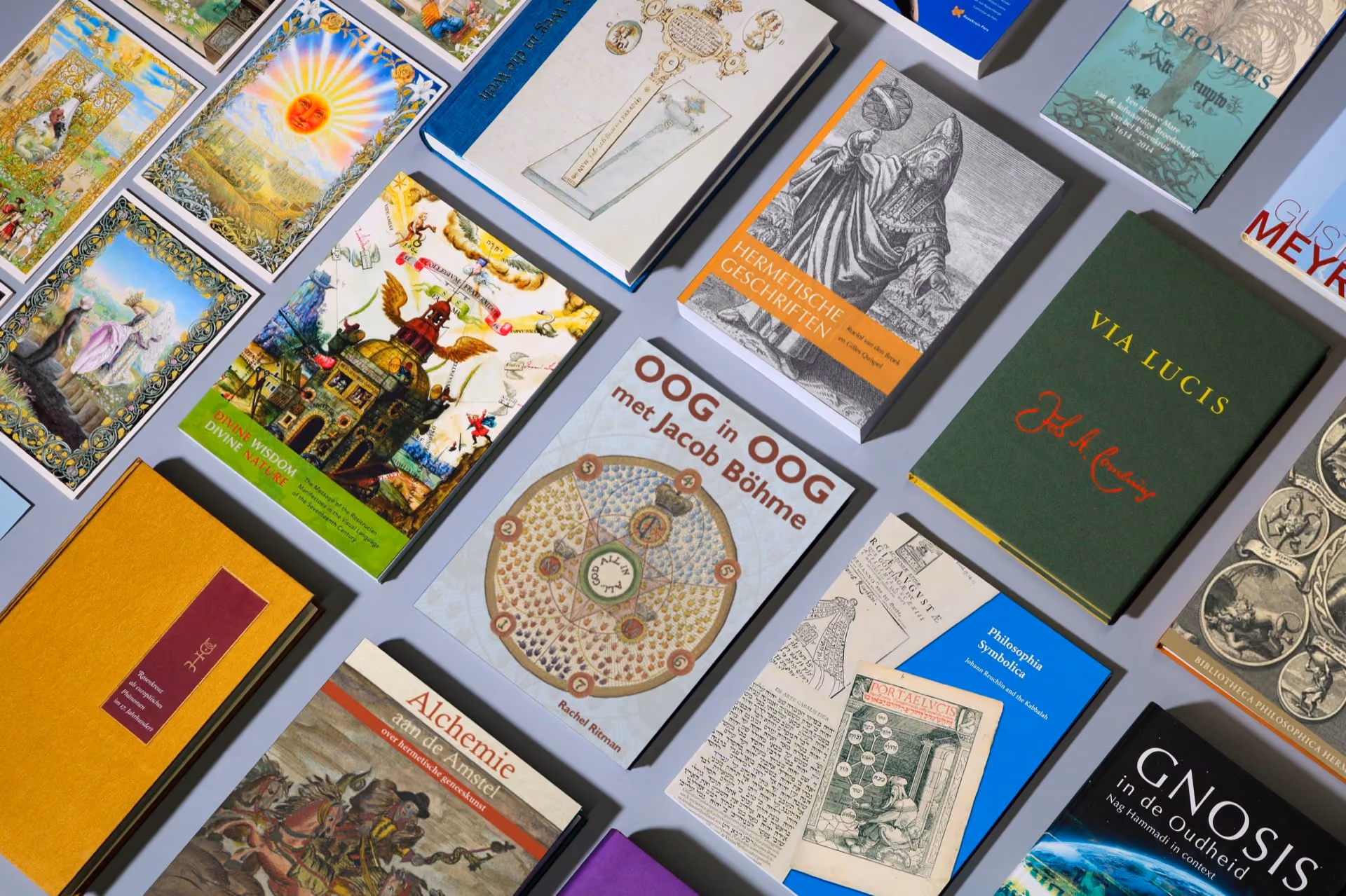 Boeken uit de ‘ Embassy of the Free Mind ’, gerangschikt in een raster