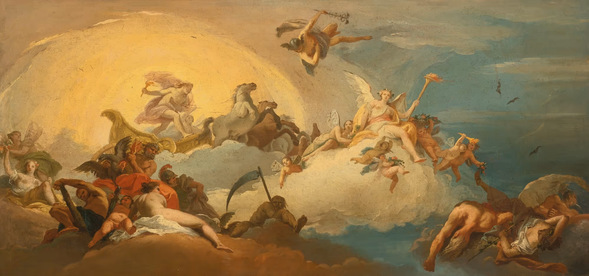 Claude responded: Baroque allegorical painting of gods and angels in clouds, with a chariot drawn by horses through golden light and mortals below.Baroque allegorical painting of gods and angels in clouds, with a chariot drawn by horses through golden light and mortals below.