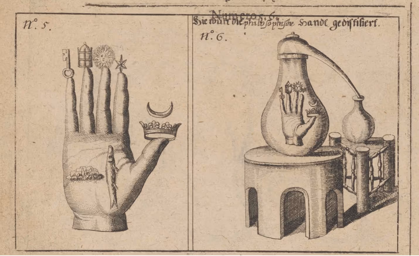 Two alchemical engravings: the Hand of the Philosophers with symbols, and the same hand being distilled inside a glass vessel.