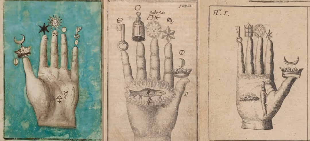 Three versions of the alchemical Hand of the Philosophers, with symbols like a key, crown, sun, star, and fish on the fingers.