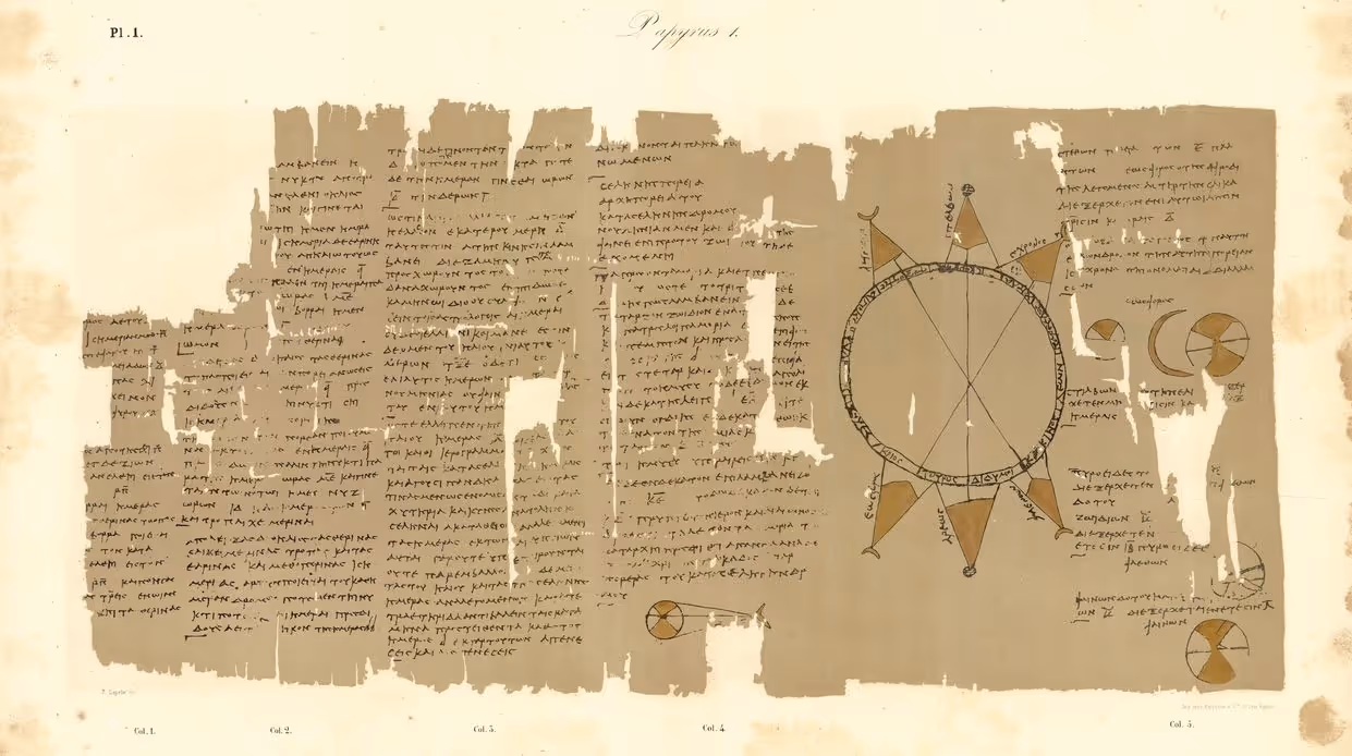 Facsimile of Greek astrological papyri with dense columns of text and a circular astronomical diagram with triangular rays.