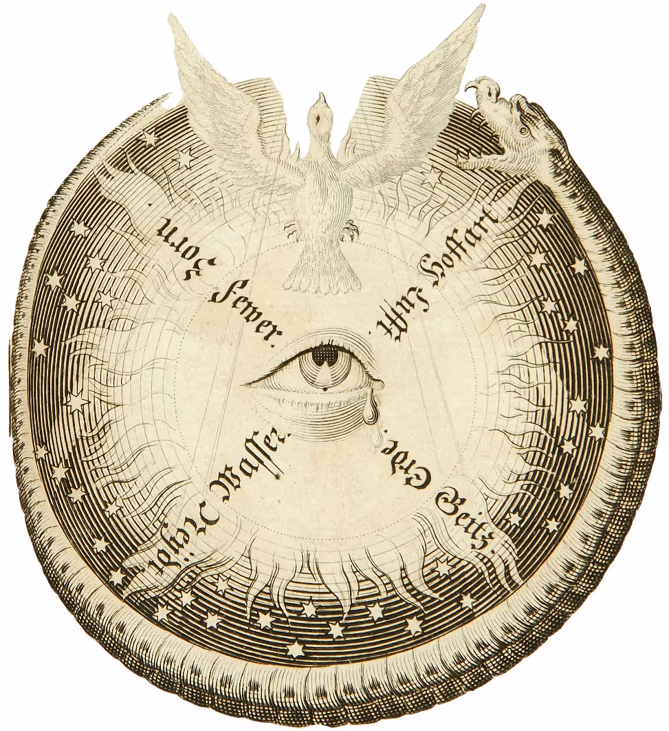 Mystical engraving featuring a dove with outstretched wings above an all-seeing eye shedding a tear, surrounded by German tex